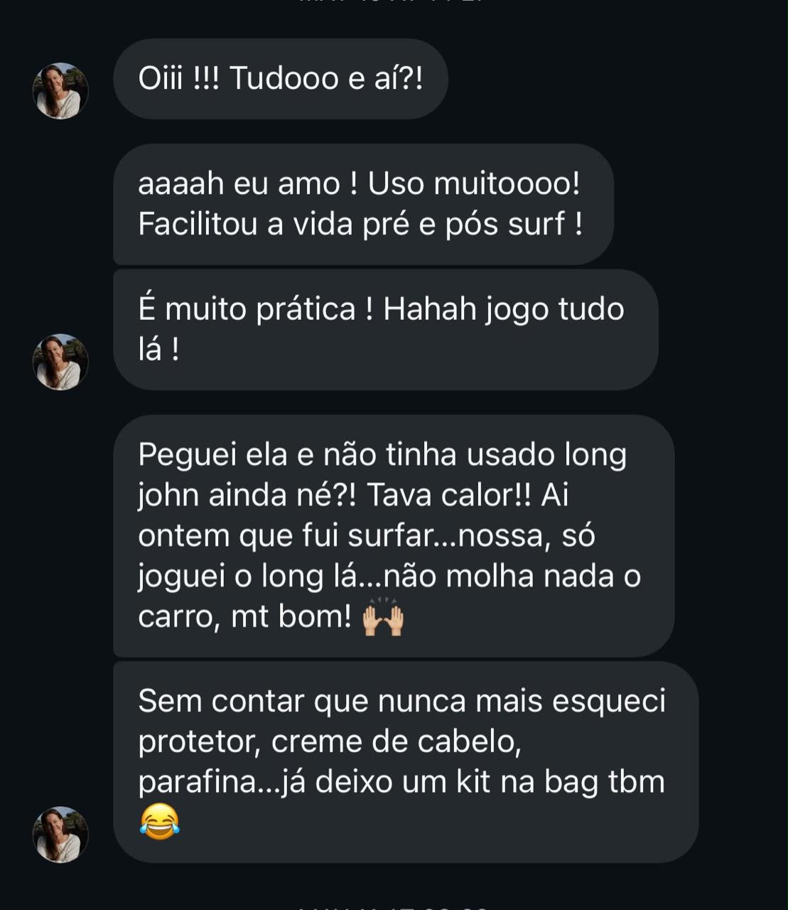 Cliente conta que ama a Buena Bag e usa muito antes e depois do surf